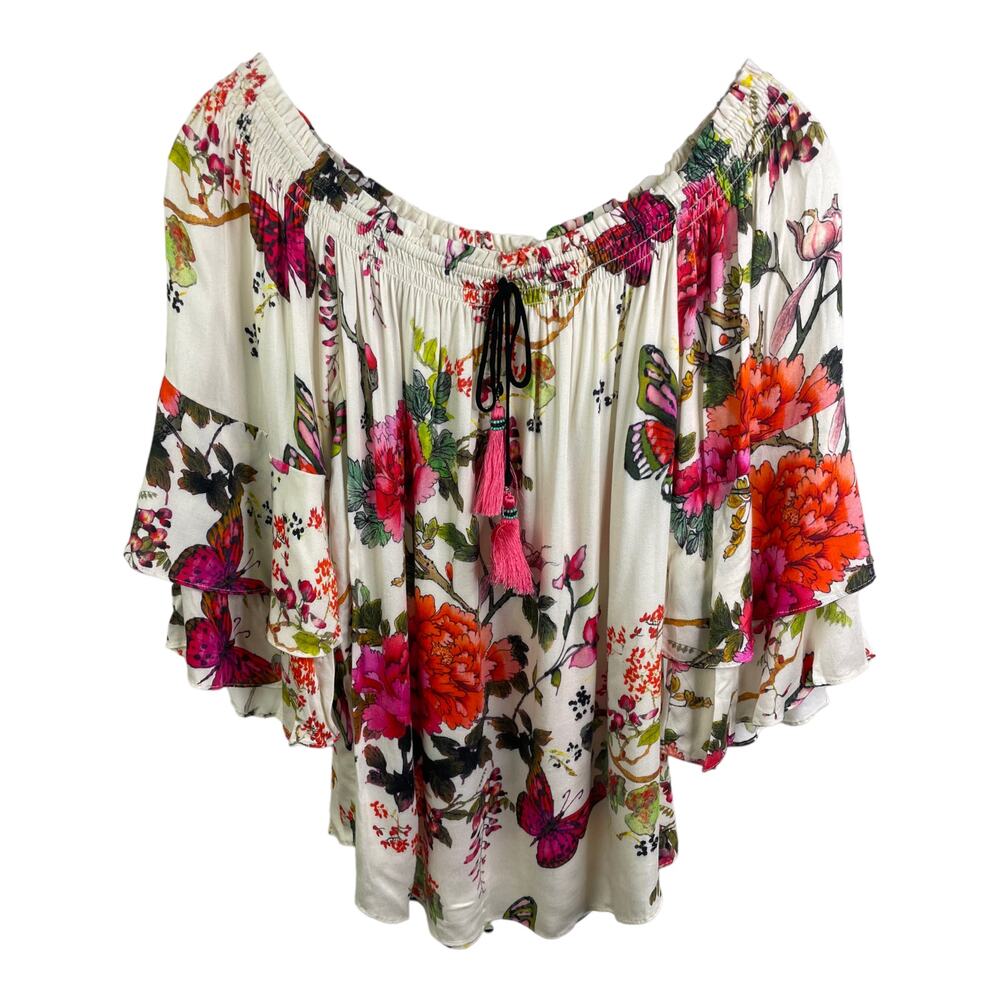 Hale Bob Women's Off The Shoulder Blouse Bell Sleeve White Pink Floral Tassels S